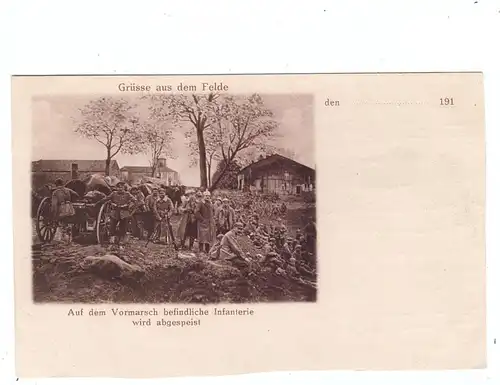 MILITÄR - 1.Weltkrieg, Deutsche Soldaten auf dem Vormarsch werden verpflegt, Gulaschkanone, Unterrand beschnitten