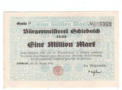 5090 LEVERKUSEN - SCHLEBUSCH, Notgeld 1923, 1 Million, Serie D, sehr gute Erhaltung