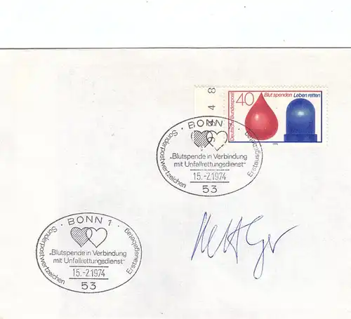 BUND - 1974, Michel 797, FDC, Blutspendedienst mit Autograph v. Entwerfer Langer