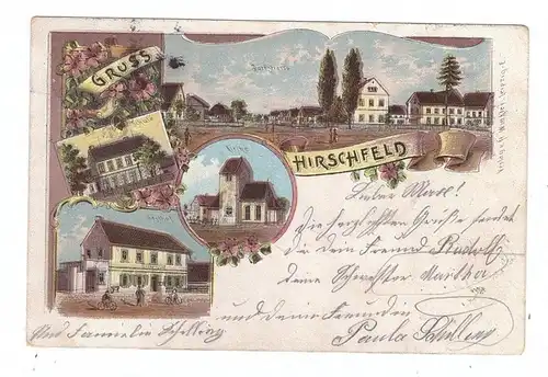 0-6501 HIRSCHFELD bei Greiz, Lithographie, Gasthof, Dorfstrasse, Kirche, Schule..