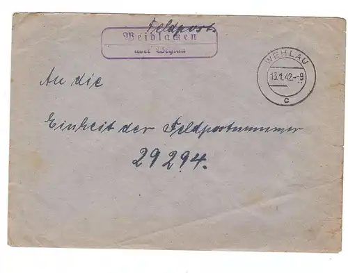 OSTPREUSSEN - WEHLAU / SNAMENSK, Postgeschichte, Landpoststempel WEIDLACKEN / JELNIKI, 1942, Feldpost