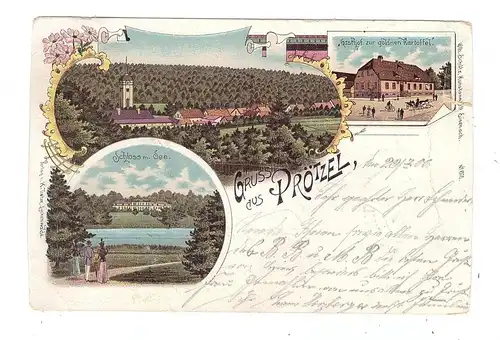 0-1261 PRÖTZEL, Lithographie 1900, Gasthof zur Goldenen Kartoffel, Schloss, Dorfansicht, Einriss
