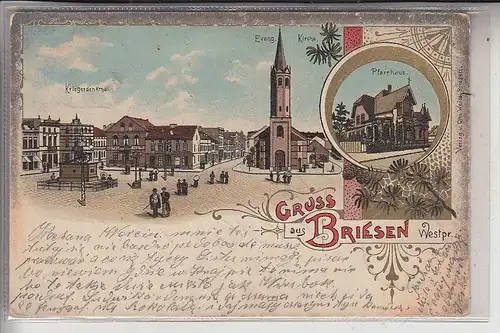 WESTPREUSSEN - BRIESEN / WABRZEZNO, Lithographie 1905, Kriegerdenkmal / Kirche / Pfarrhaus