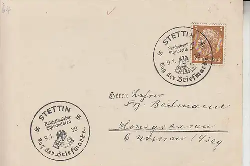 POMMERN - STETTIN / Szczecin - Postgeschichte, Sonderstempel Tag der Briefmarke  1938