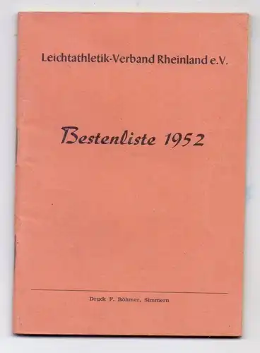 SPORT - LEICHTATHLETIK, Bestenliste 1952, LV Rheinland e.V., 71 Seiten
