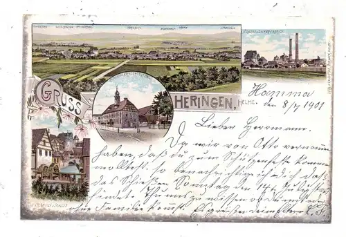 0-5504 HERINGEN, Lithographie 1901, Zuckerfabrik, Rathaus und Kriegerdenkmal, Obermühle und Schloss, kl. Druckstelle