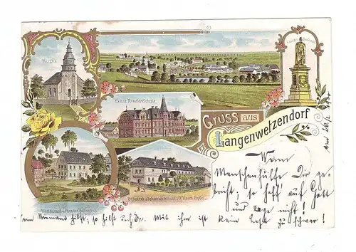 0-6574 LANGENWETZENDORF, Lithographie, Brauerei u. Wirtschaft Zipfel, Restaurant Hoffmann, Kirche, Schule, Denkmal...