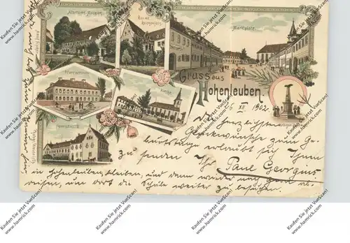 0-6573 HOHENLEUBEN, Lithographie, Altertums-Museum, Marktplatz, Pfarrwohnung, Kirche, Heinrichsstift, Nadelloch