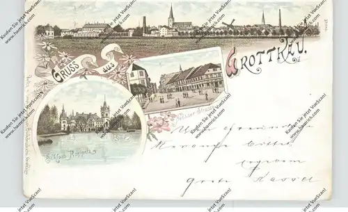 OBER-SCHLESIEN - GROTTKAU / GRODKOW, Lithographie 1897, Neisser Strasse, Schloß Koppitz, Ortsansicht, Eckknick