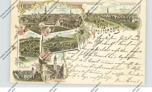 NIEDER-SCHLESIEN - GREIFFENBERG / GRYTOW SLASKI, Lithographie 1897, Kirchen, Kienberg, Ruine, Stadtansicht...