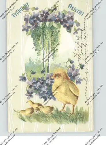 OSTERN - Küken und Blumen, Präge-Karte / embossed, relief