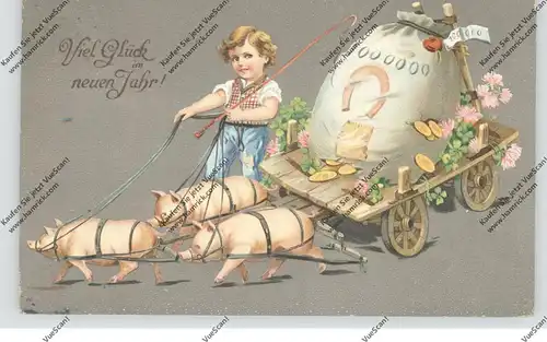 NEUJAHR, Schweine ziehen Karren mit Geldsack, Präge-Karte, embossed, relief, 1910