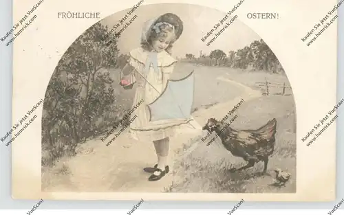 OSTERN - Fröhliche Ostern, Mädchen mit Schirm, Huhn und Küken, 1906