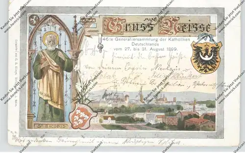 OBER-SCHLESIEN - NEISSE / NYSA, Lithographie 1899, 46. Generalversammlung der Katholiken Deutschlands, kl. Druckstellen