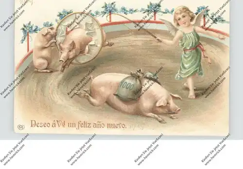 NEUJAHR - Schweine im Zirkusrund, 1908, Präge-Karte / embossed / relief