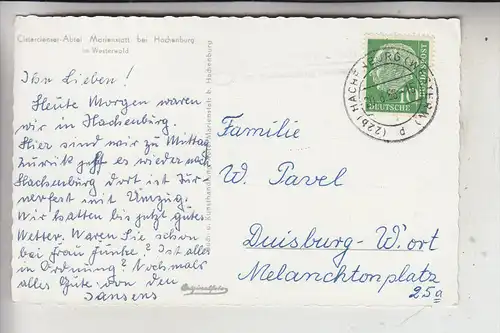 5238 HACHENBURG - MARIENSTATT, Abtei, 1956, Landpoststempel "22b Abtei Marienstatt üb. Hachenburg/Westerwald"
