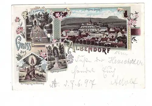 NIEDER-SCHLESIEN - ALBENDORF / WAMBIERZYCE (Glatz), Lithographie 1897, Calvarienberg, Osterbergmonument, Ortsansicht..