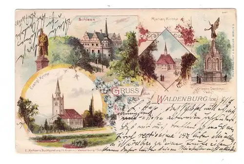 NIEDER-SCHLESIEN - WALDENBURG / WALBRZYCH, Lithographie 1899, Evangelische Kirche, Schloss, Marien-Kirche, Denkmal