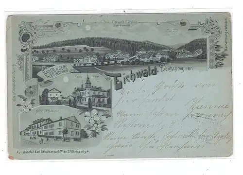 BÖHMEN & MÄHREN - EICHWALD / DUBI, Lithographie 1898, Hotel Waldesruh, Villa Fügner, Ortsansicht, kl. Eckmangel