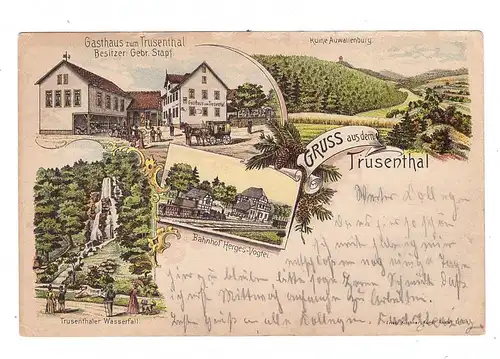 0-6089 TRUSETAL, Lithographie, Bahnhof Herges-Vogtei, Gasthaus zum Trusenthal, Wasserfall, ..kl. Oberflächenmängel