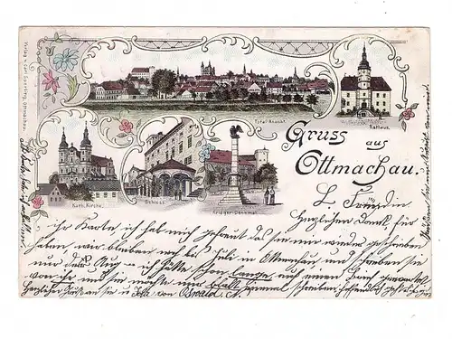 OBER-SCHLESIEN - OTTMACHAU / OTMUCHOW (Neisse), Lithographie 1898, Kirche, Schloss, Rathaus... Bahnpost