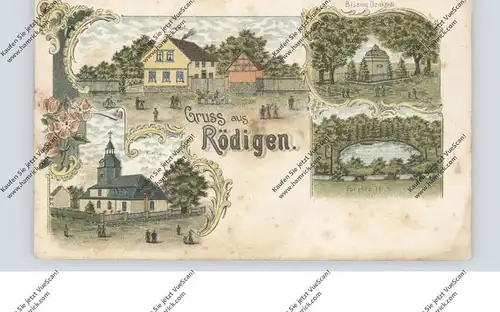 0-6901 LEHESTEN - RÖDIGEN, Lithographie, Gasthof, Kirche, Bissing Denkmal, Forellen Teich