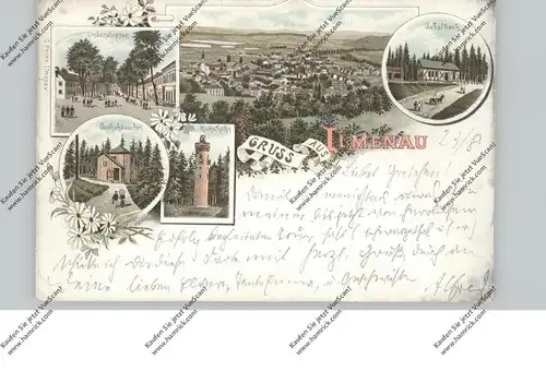 0-6300 ILMENAU, Lithographie 1898, Lindenstrasse, Gabelbach, Goethehäuschen, Kickelhahn