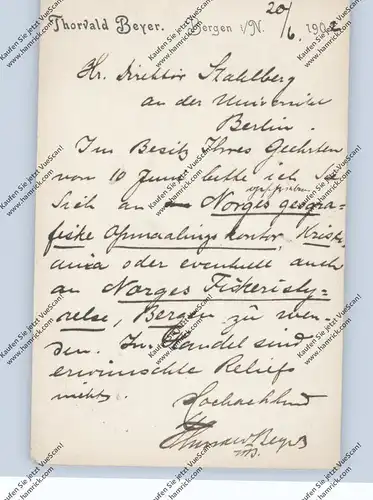 N 5000 BERGEN, Autograph THORVALD BEYER, Bokhandler, Postkart Institut für Meereskunde Berlin, 1902