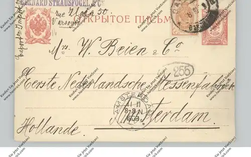 POLSKA / POLEN, 1908, WARSZAWA, russ. Ganzsache / postal stationery mit Zusatzfrankatur, Fa. Strausfogel nach Amsterdam