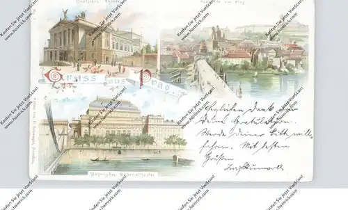 CZ 110 00 PRAHA / PRAG, Lithographie 1898, Böhmisches Nationaltheater, Deutsches Theater, Kleinseite