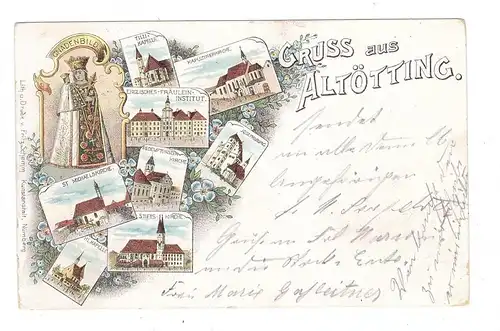 8262 ALÖTTING, Lithographie 1899, 8 Kirchen und Kapellen
