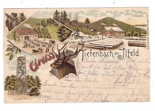 0-5505 HARZTOR - ILFELD, Lithographie 1897, Gruss aus Tiefenbach, Gasthaus, Sägemühle, Carlshaus-Turm