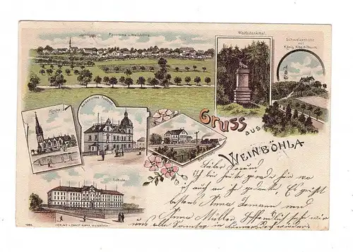 0-8256 WEINBÖHLA, Lithographie, Bahnhof, Schule, Postamt, Kirche, Schweizerhöe, Wolfsdenkmal...