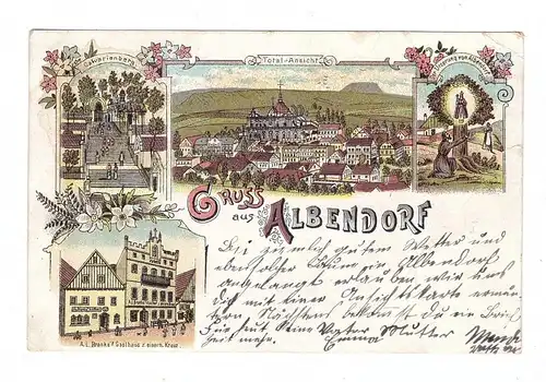 NIEDER-SCHLESIEN - ALBENDORF / WAMBIERZYCE (Glatz), Lithographie 1898, Branke's Gasthaus z. eisernen Kreuz,....