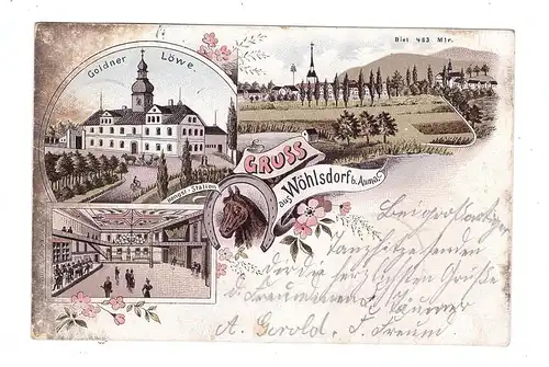 0-6572 AUMA - WÖHLSDORF, Lithographie Hotel "Goldener Löwe", Hengst-Station, Dorfansicht, 1900, Brfm. fehlt