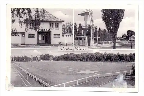 3070 NIENBURG, Fussball-Stadion / Stadtbad, 1956, Klebereste