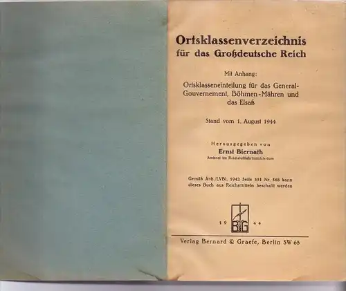 Ortsklassenverzeichnis für das Grossdeutsche Reich, 1944, incl. General-Gouvernement, Böhmen&Mähren, Elsass-L.