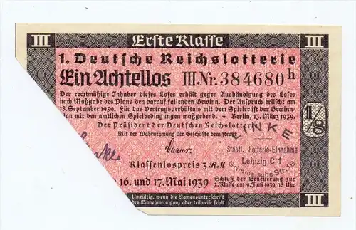 LOTTERIE - 1.Deutsche Reichslotterie 1939, 1 Achtellos