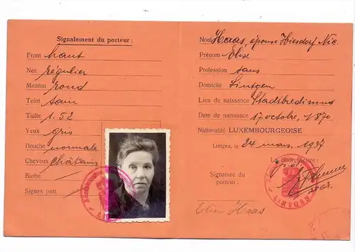 PERSONALAUSWEIS / PASSPORT / CARTE D'IDENTITE - Luxembourg, 1937, Commune de Lintgen