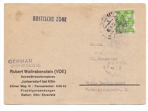 BIZONE - Michel 39 II, Netzaufdruck, Postkarte-Einzelfrankatur, 1.9.1948, von Köln-Junkersdorf nach Köln-Bocklemünd