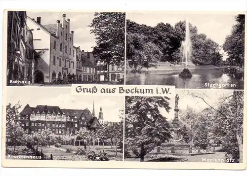 4720 BECKUM, Mehrbild-AK, Krankenhaus, Rathaus, Marienplatz, Stadtgarten, 1952