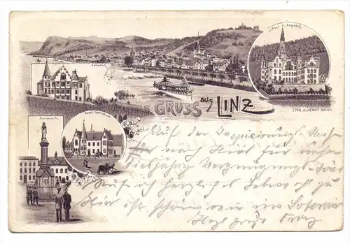 5460 LINZ, Lithographie, Panorama, Dattenberg, Gymnasium, Mariensäule, Schloss Arenfels, 1897, Bahnpost