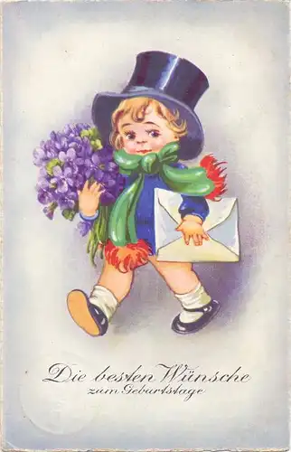 KINDER / Children / Enfants / Bambini / Ninos / Kinderen - Künstler-Karte, Mädchen mit Zylinder & Blumenstrauss, 1932