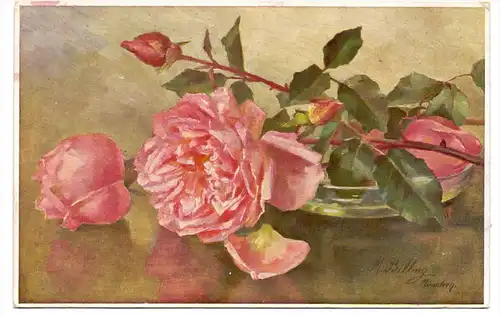 BLUMEN - Rosen, Künstler-Karte M.Billing, Stilleben, H.K. & Co. München