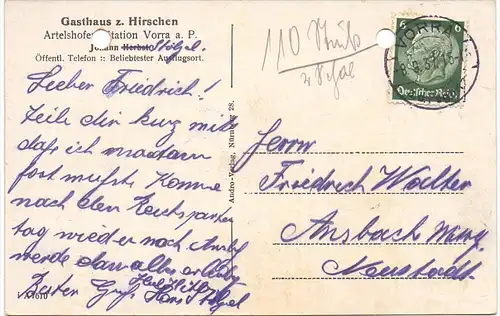 8561 VORRA - ARTELSHOFEN, Gasthaus zum Hirschen, 1937, leider gelocht