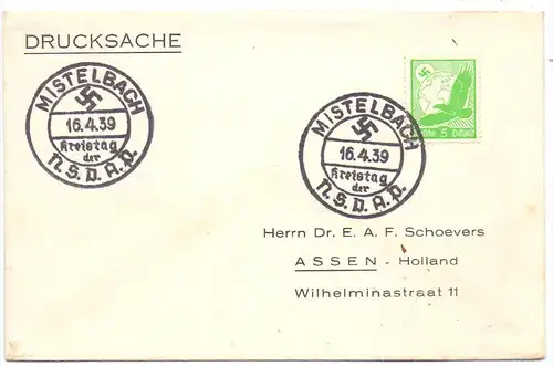 8581 MISTELBACH, Postgeschichte, Sonderstempel 1939, Kreistag der NSDAP, in die Niederlande gelaufen