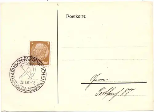 SPORT - EISHOCKEY, 1938, Sonderstempel, Intern. Wintersportwoche, Garmisch-Partenkirchen