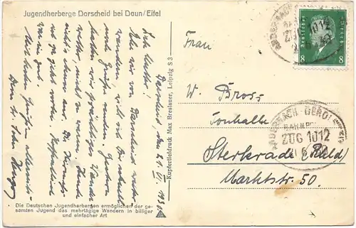 5568 DAUN - DARSCHEID, Jugendherberge, 1930, Bahnpost Andernach - Gerolstein