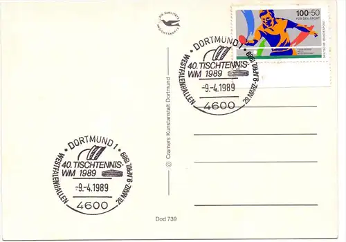 SPORT - TISCHTENNIS - WM 1989 Dortmund, Sonderstempel und - Marke