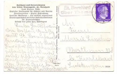 0-6111 ST. BERNHARD, Gasthaus Braungardt, Landpoststempel, 1942, kl. Oberflächenmängel
